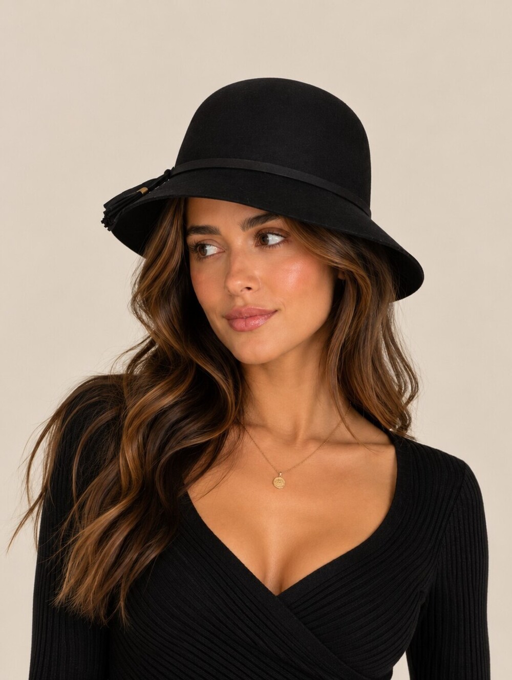 Nine West Women's Black Felt Hat Classic Fedora Floppy Cloche Parisian Feminine